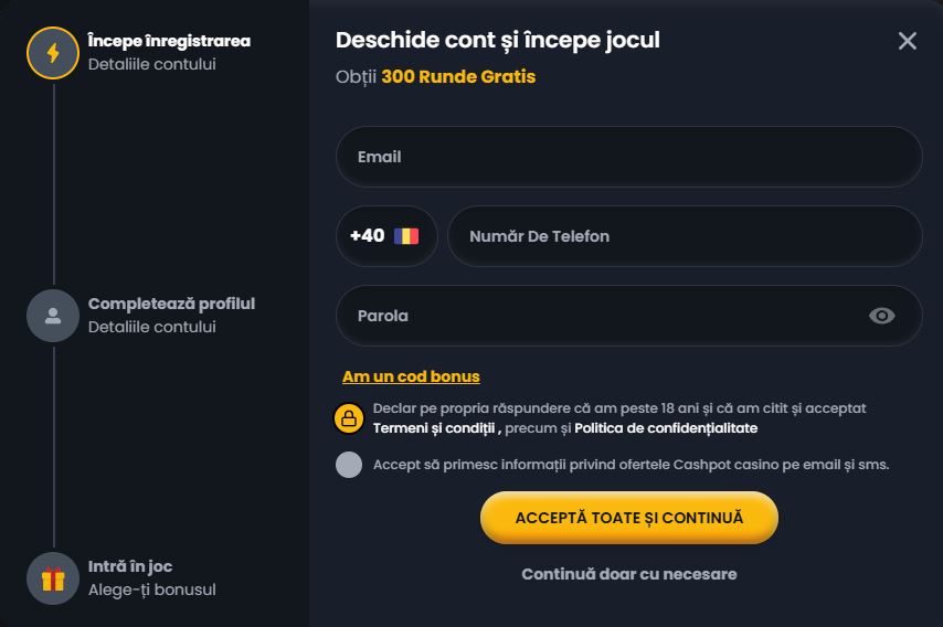 Înregistrează un cont nou și obține 300 Runde Gratis la primul depozit